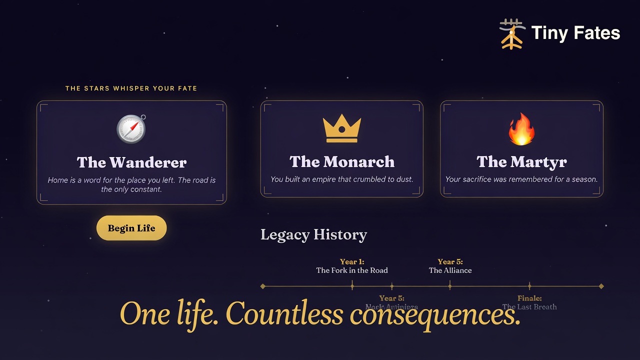 Tiny Fates showing money, stress, and tabbed life systems inside the mobile app.