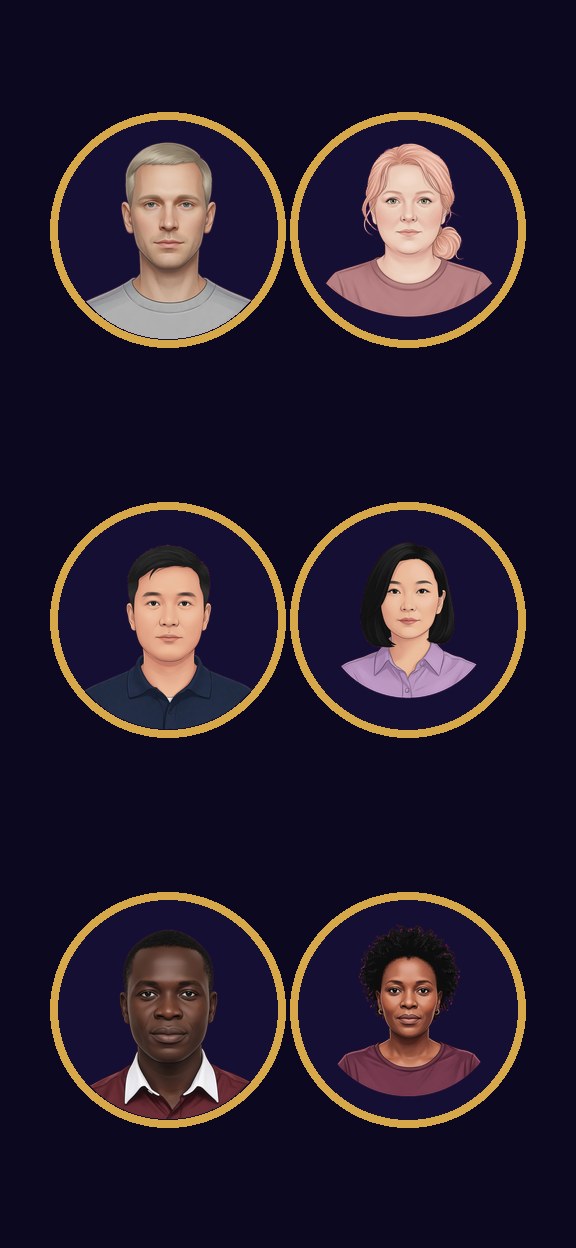 Six adult Tiny Fates portraits in gold rings