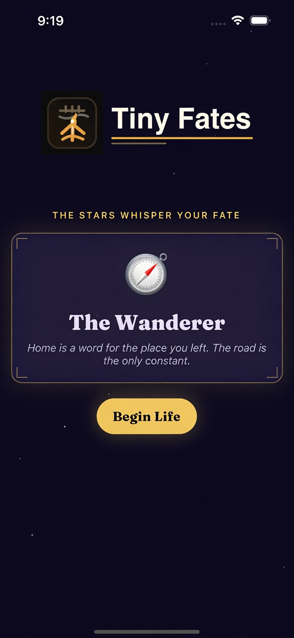 Tiny Fates showing a life screen where relationships and personal history shape the next decision.