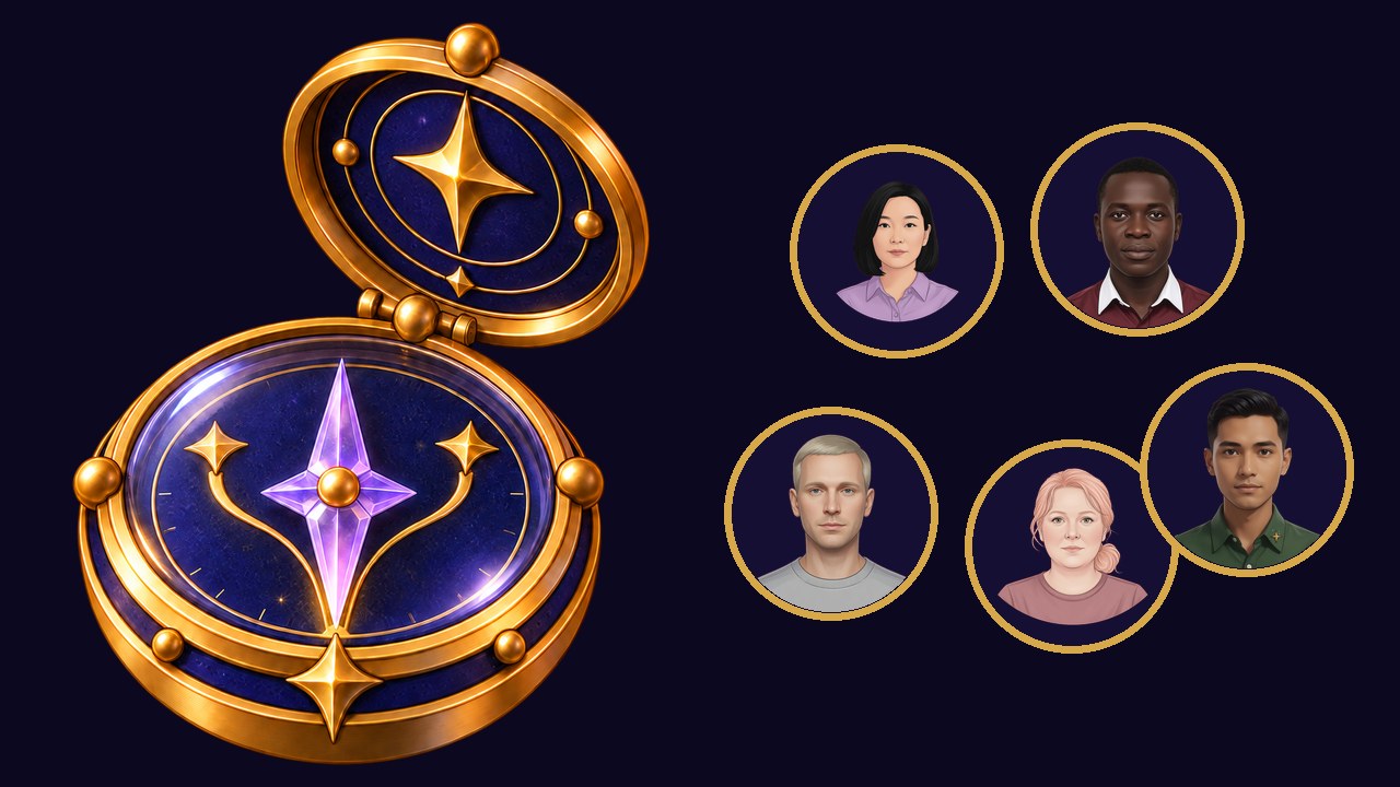 Circular Tiny Fates portraits beside the compass