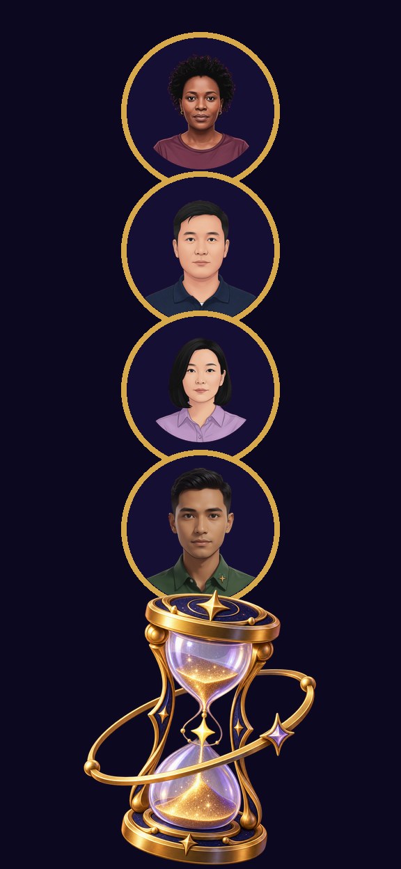 A column of Tiny Fates character portraits with the hourglass
