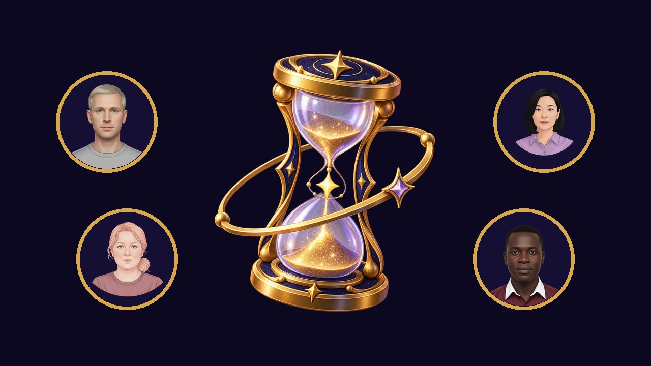 The hourglass between Tiny Fates character portraits